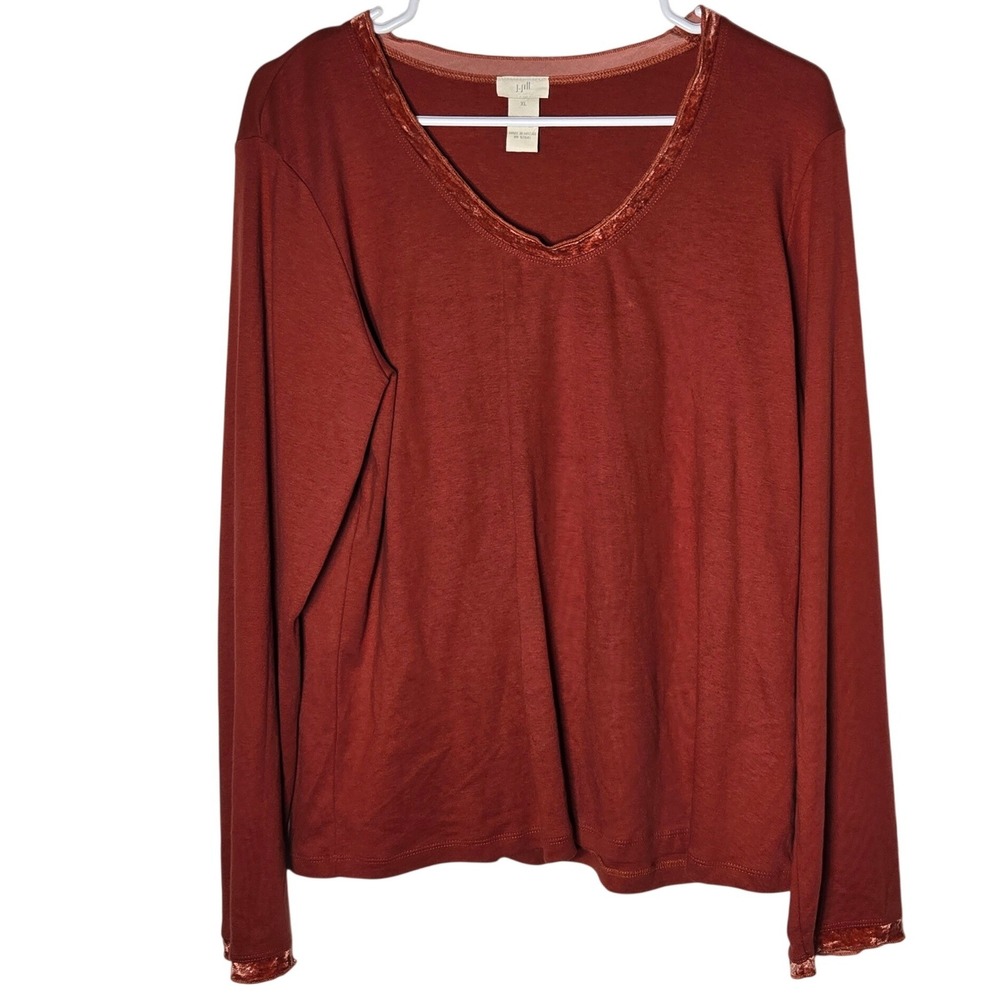 J Jill Rust Orange Velvet Trim Long Sleeve Top XL Autumn Earthy Boho Rustic Fall